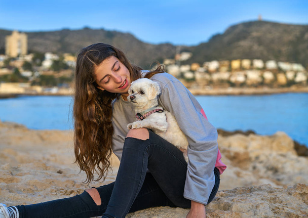Girl playing with maltichon puppy dog in the beach - Photo, image