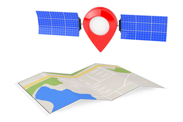 Kartenzeigerstift als Satellit über zusammengefalteter abstrakter Navigationskarte auf weißem Hintergrund. 3D-Darstellung - Foto, Bild