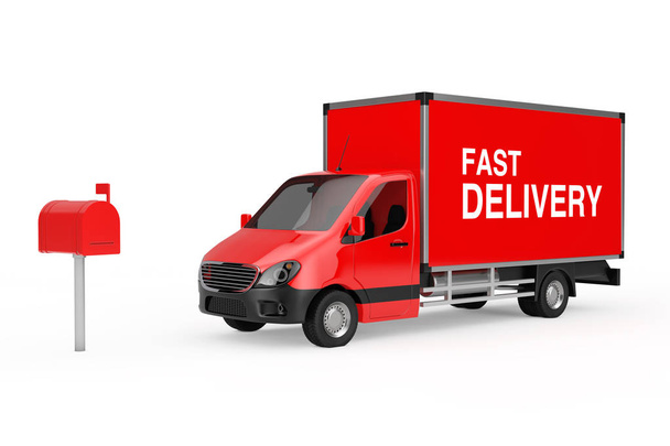 Schnelle Lieferung Konzept. roter gewerblicher Lieferwagen mit Schnellauslieferungsschild in der Nähe eines roten Briefkastens auf weißem Hintergrund. 3D-Darstellung  - Foto, Bild