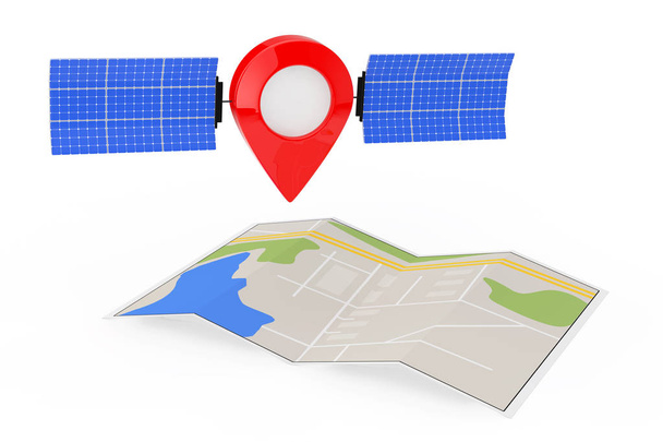 Pin de puntero de mapa como satelite sobre el mapa de navegación abstracto plegado sobre un fondo blanco. Renderizado 3d
 - Foto, Imagen