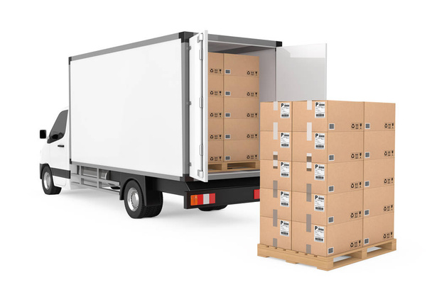 Prepare Shipping Concept. White Commercial Industrial Cargo Delivery Van Truck near Stack of Cardboard Boxes on Pallete on a white background. 3d Rendering  - Zdjęcie, obraz