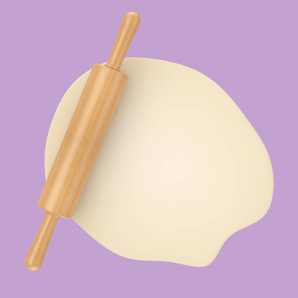 Broche à rouler en bois avec pâte crue fraîche sur fond violet. Rendu 3d
 - Photo, image