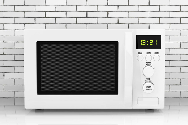 White Microwave Oven in front of brick wall. 3d Rendering  - Photo, Image
