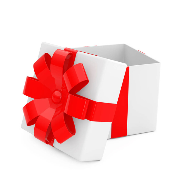 Beyaz hediye kutusu beyaz bir arka plan üzerinde kırmızı kurdele ile açıldı. 3D render  - Fotoğraf, Görsel