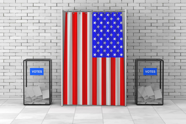 投票箱付近のレンガの壁の前でカーテンとアメリカ国旗と白投票ブース。3 d レンダリング  - 写真・画像