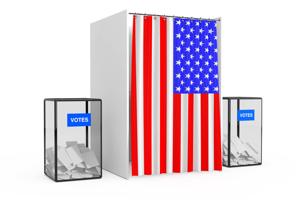 Ballot Boxes near White Voting Booth with Curtain and USA Flag on a white background. 3d Rendering  - Photo, Image
