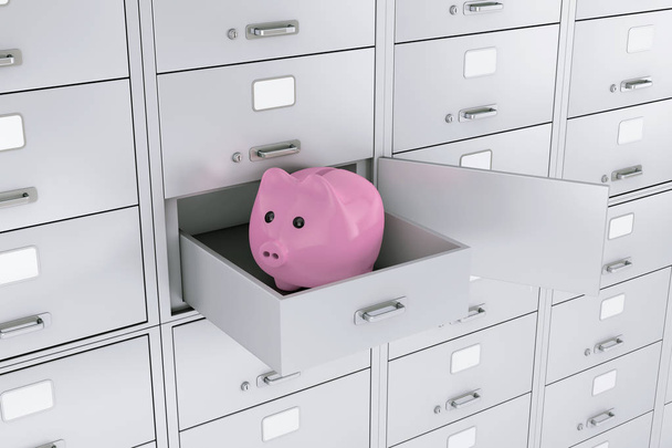 Piggy Bank in Opened Bank Tallelokero äärimmäinen lähikuva. 3d renderöinti
 - Valokuva, kuva