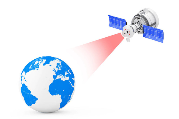 Radiodifusão de satélites modernos para o globo terrestre em um fundo branco. Renderização 3d
 - Foto, Imagem