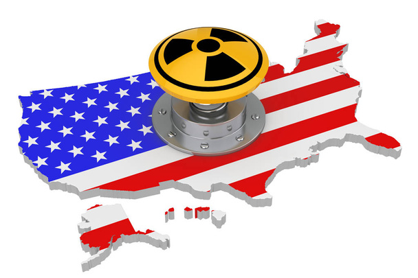 Жовта атомна бомба запускає ядерну кнопку з радіаційним символом над картою США з прапором на білому тлі. 3D рендерингу
  - Фото, зображення