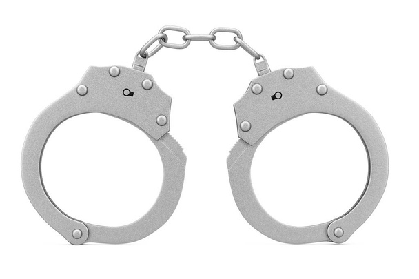 Verbrechen und Recht. Handschellen aus Metall auf weißem Hintergrund. 3D-Darstellung - Foto, Bild
