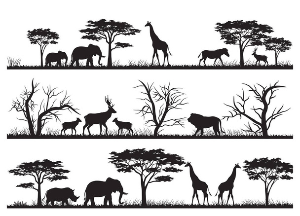 Ilustracja sylwetki zwierząt o wewnątrz lasu - Wektor, obraz