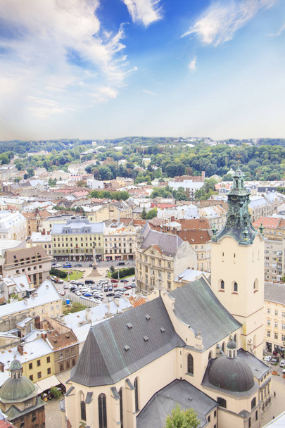 Beautiful view of the Town Hall Tower, Adam Mickiewicz Square and the historical center of Lviv, Ukraine - Valokuva, kuva