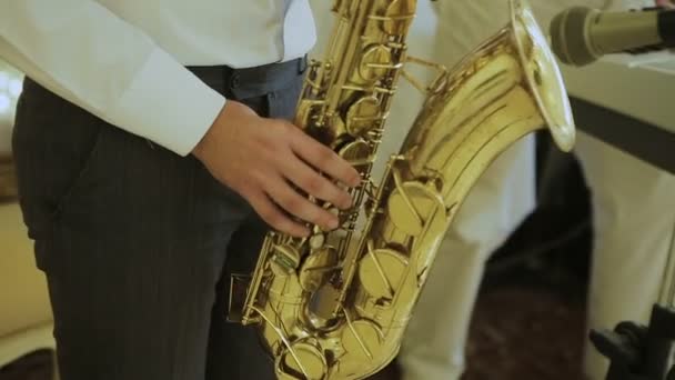 El músico toca en el saxofón en concierto. Primer plano de los dedos presionando las teclas del instrumento
 - Imágenes, Vídeo
