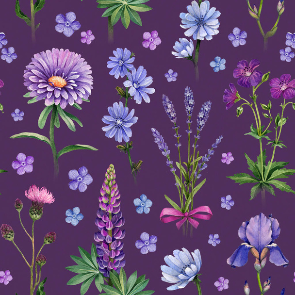 Watercolor illustrations of blue and purple flowers. Seamless pattern - 写真・画像