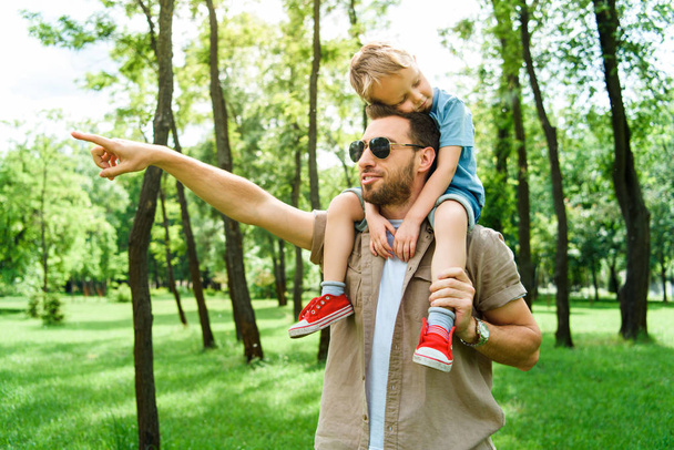 bir şey üzerinde Park omuzlarında oturan oğlu işaret eden baba - Fotoğraf, Görsel
