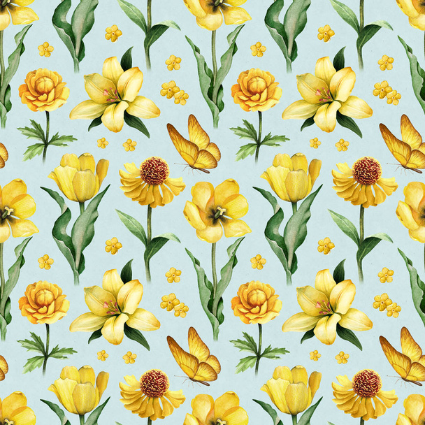 Watercolor illustrations of yellow flowers. Seamless pattern - Foto, immagini