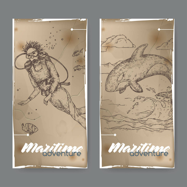 Dos pancartas vintage con buceador y boceto de ballena saltando. Serie de avances marítimos
. - Vector, imagen