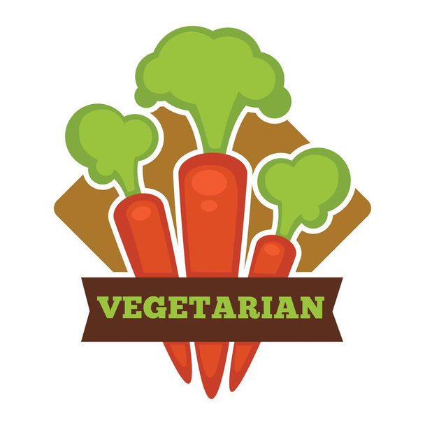 Vegetarian food promo logo with ripe crispy carrots full of vitamins. Organic vegetables grown on farm that fit for vegans commercial emblem isolated cartoon flat vector illustration on white. - Вектор, зображення
