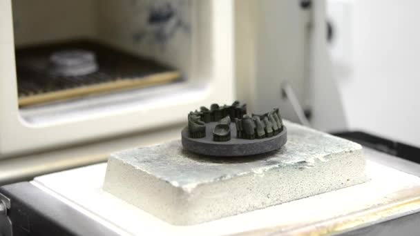 3D-tulostimella luotu objekti sijoitetaan uuniin lämpökäsittelyn synterointia varten
. - Materiaali, video