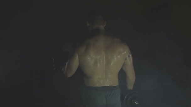 Strong sportsman lifting heavy dumbbells in smoke - Materiaali, video