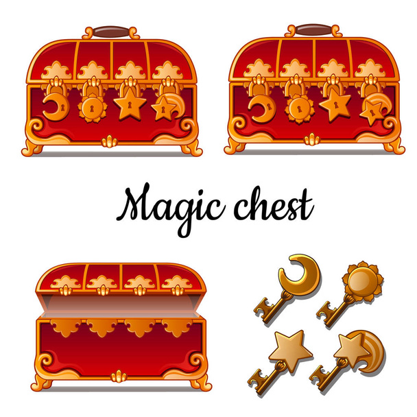 Three red chest with four locks and keys. Vector illustration. - Vektör, Görsel