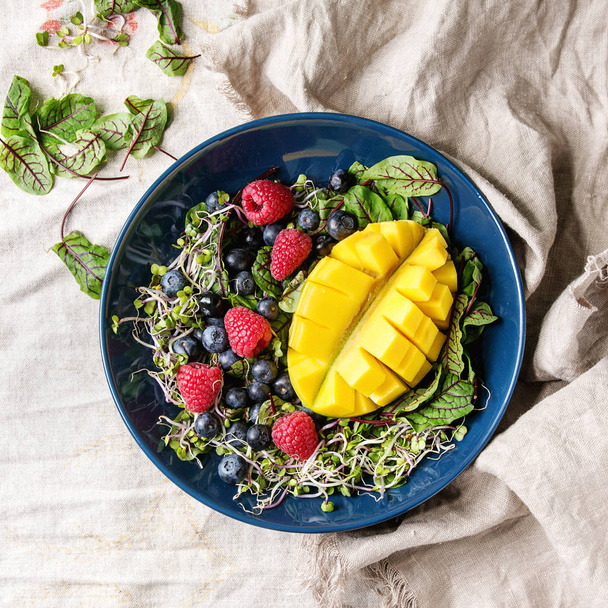 Green vegan salad with berries strawberry, blueberry, sprouts, young beetroot leaves, mango on plate. Ingredients above over linen cloth background. Top view, space. Healthy eating - 写真・画像