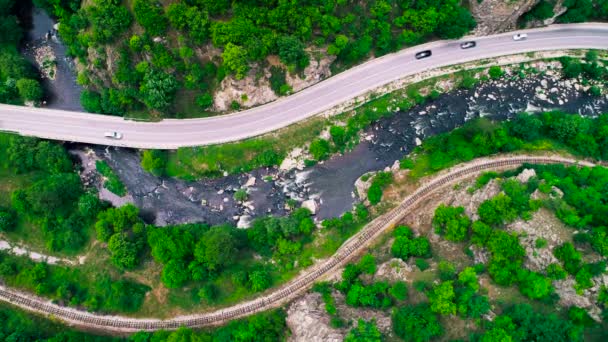 Luchtfoto van moderne auto mooving onderweg tussen bos bomen - Video