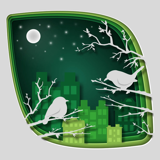 Paper art carve to bird on tree branch in town at night vector art and illustration. - Vektor, kép