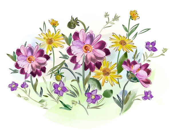 Vektorillustration von Aquarellblumen Veilchen und Stiefmütterchen und Blättern auf der Wiese - Vektor, Bild