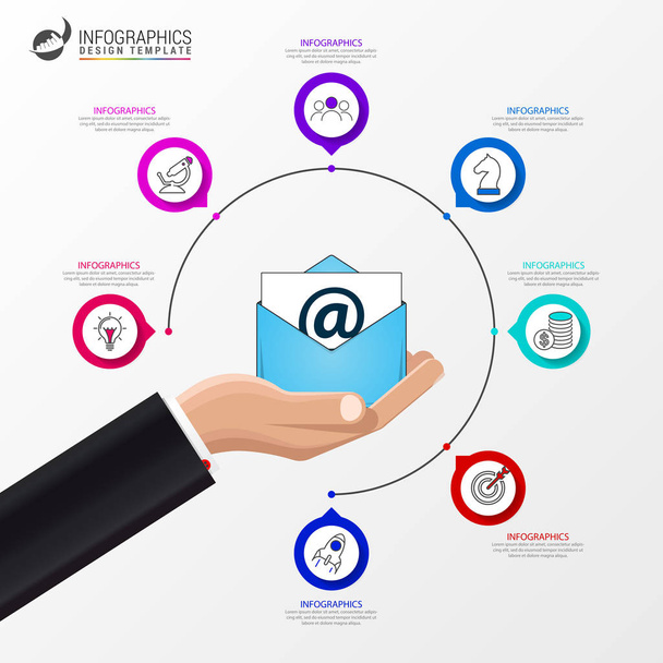 E-Mail Marketing. infografische Design-Vorlage. Geschäftskonzept mit 7 Schritten. kann für Workflow-Layout, Diagramm, Banner, Webdesign verwendet werden. Vektorillustration - Vektor, Bild