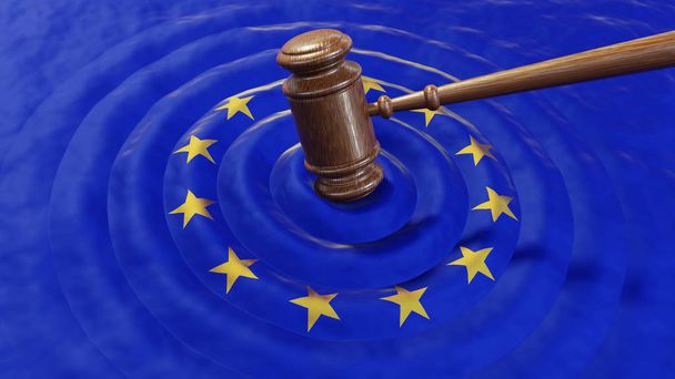 Kladívkem nebo kladívko udeří vlajka Eu. Pojem práva, porušení Gdpr, daňové podvody, peněžní sankce, korupce - Fotografie, Obrázek