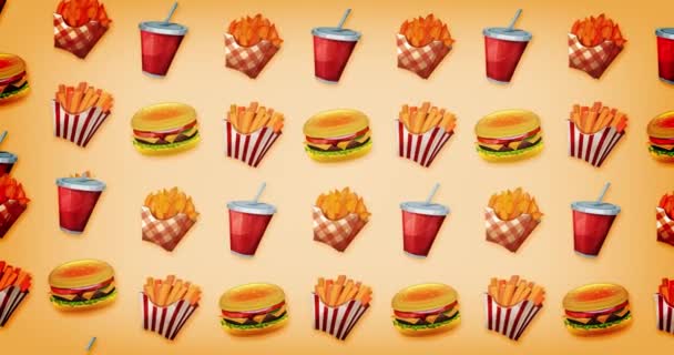 Loopable 2d Motion Graphics Fast Food Background/ Animation of a design vintage fast food background, with burger, cup of soda, french fries and potatoes - Footage, Video