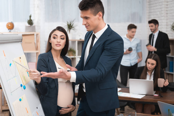 pregnant woman with young man in suit studying charts and diagrams on flip chart - Foto, afbeelding