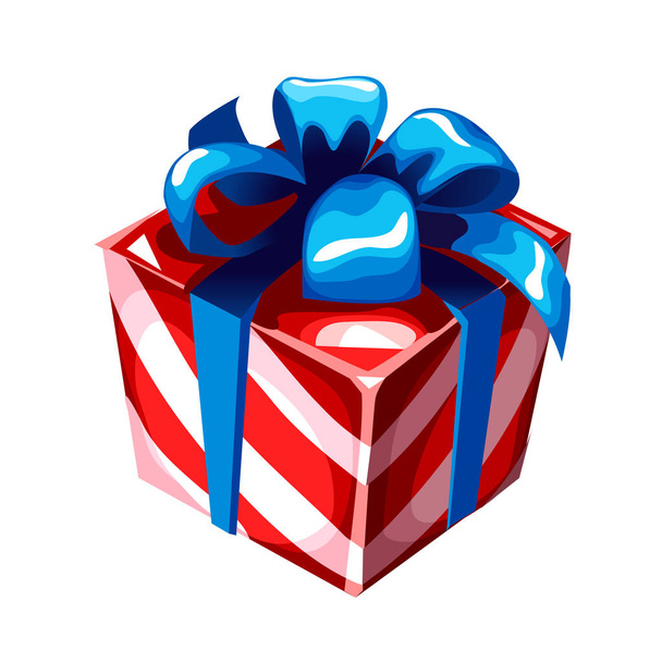 Caja de regalo con lazo de cinta azul, papel envuelto a rayas, aislado en blanco. Boceto para tarjeta de felicitación, cartel festivo, invitación a la fiesta. Los atributos de la Navidad y un Nuevo año. Vector
 - Vector, Imagen