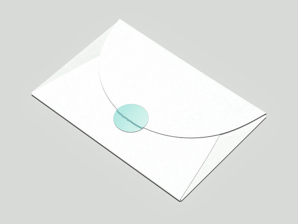 Realistic closed envelope with green wax seal and wax stamp, 3d rendering - Фото, изображение