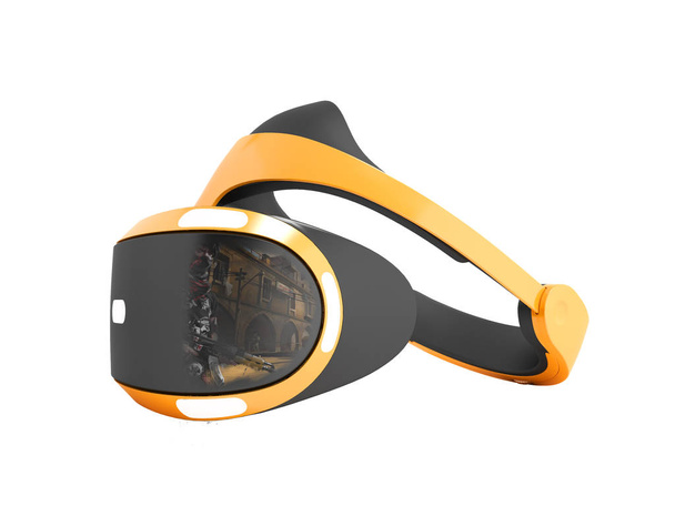 Πορτοκαλί εικονική πραγματικότητα γυαλιά για παιχνίδια μαύρο ένθετα στο σωστό 3d καθιστούν σε λευκό φόντο χωρίς σκιά - Φωτογραφία, εικόνα