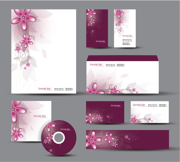 Modern Identity Package. Vector Design. Letterhead, business cards, cd, dvd, envelope, banner, header. Floral Theme. - Vektor, Bild