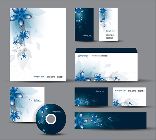 Modern Identity Package. Vector Design. Letterhead, business cards, cd, dvd, envelope, banner, header. Floral Theme. - Vettoriali, immagini