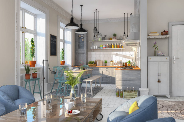 3D render skandináv lakás - konyha - étkező - Fotó, kép