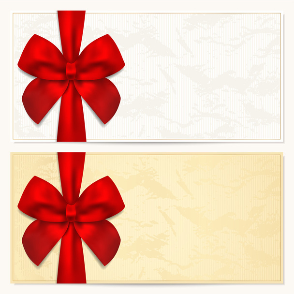 Gift Voucher (coupon, invitation or card) template with floral pattern, border and Gift red bow (ribbons) - Vector, Imagen