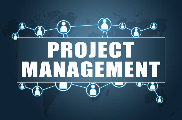 Project Management - text concept on blue background with world map and social icons. - Photo, image