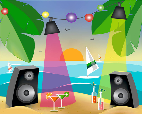 καλοκαιρινό πάρτι με στην παραλία με θέα το windsurfing - Διάνυσμα, εικόνα