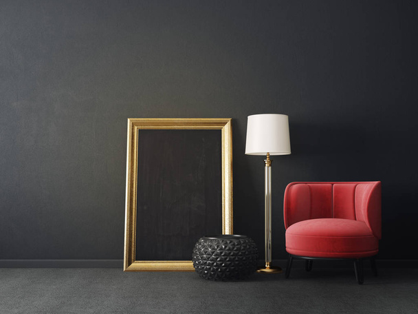 soggiorno moderno con poltrona rossa e lampada. mobili di interior design scandinavo. Illustrazione rendering 3d
 - Foto, immagini