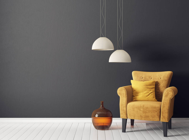 modern living room  with yellow armchair and lamp. scandinavian interior design furniture. 3d render illustration - 写真・画像