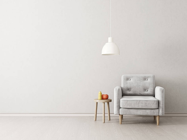 modern living room  with armchair and lamp. scandinavian interior design furniture. 3d render illustration - Foto, imagen