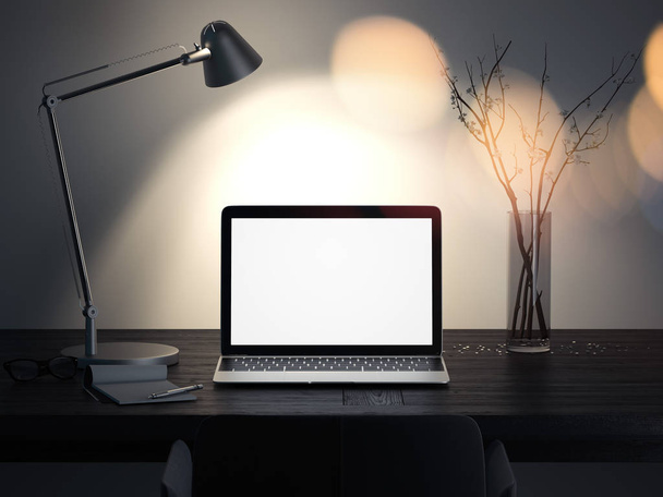 Realistic laptop on a dark table under the lamp in dark room, 3d rendering - Foto, Imagem