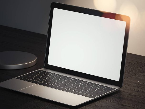 Realistic laptop on a dark table under the lamp in dark room, 3d rendering - Foto, Imagem