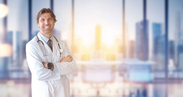 Portrait of doctor of medicine on blurred city and office background - Foto, immagini