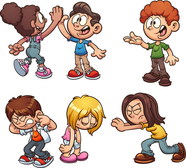 Cartoon kids performing different actions. Vector clip art illustration with simple gradients. Some elements on separate layer - Vector, Image