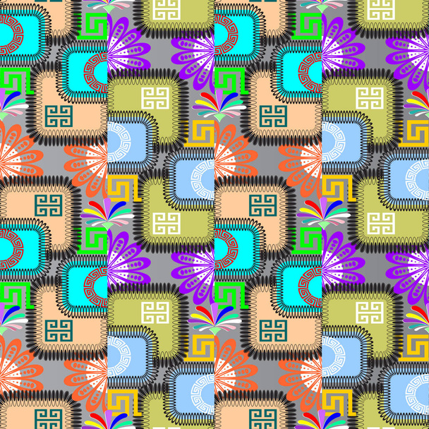 Colorful floral greek vector seamless pattern. Geometric bright ornamental background. Beautiful abstract flowers, geometry shapes, waves, lins, circles, greek key, meader ornaments. Ornate design - Wektor, obraz